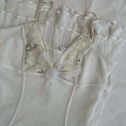 Zone Bleue Romantic White Beige Embroidery Lace Bust Knit Midi Dress