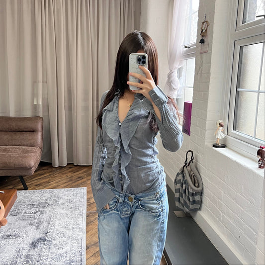 toy g romantic victorian blue grey pinstripe long sleeve collared ruched blouse shirt