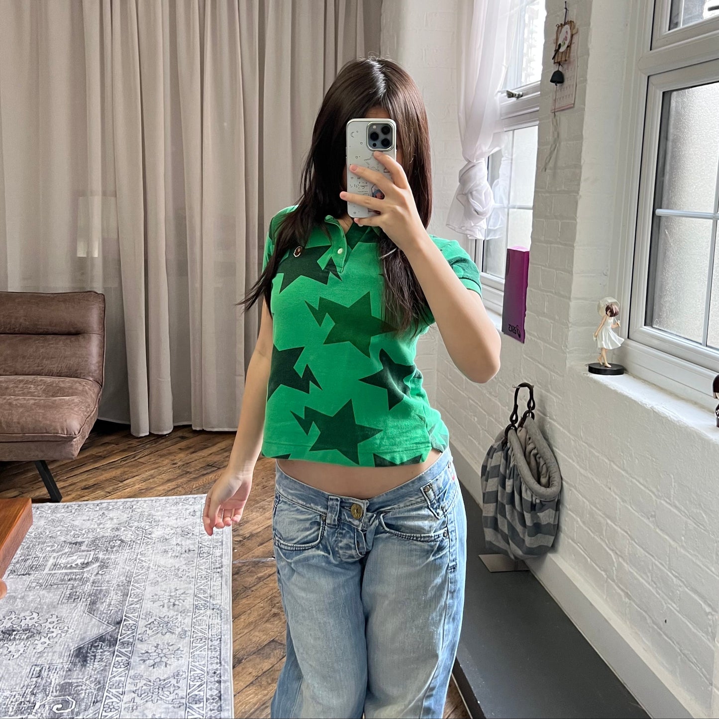 vintage bape a bathing ape green star print collared polo shirt