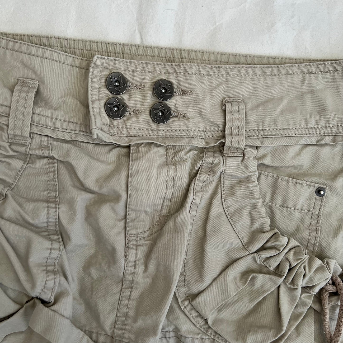 Alcott Beige Utility Ruched Pocket Ribbon Mini Cargo Skirt