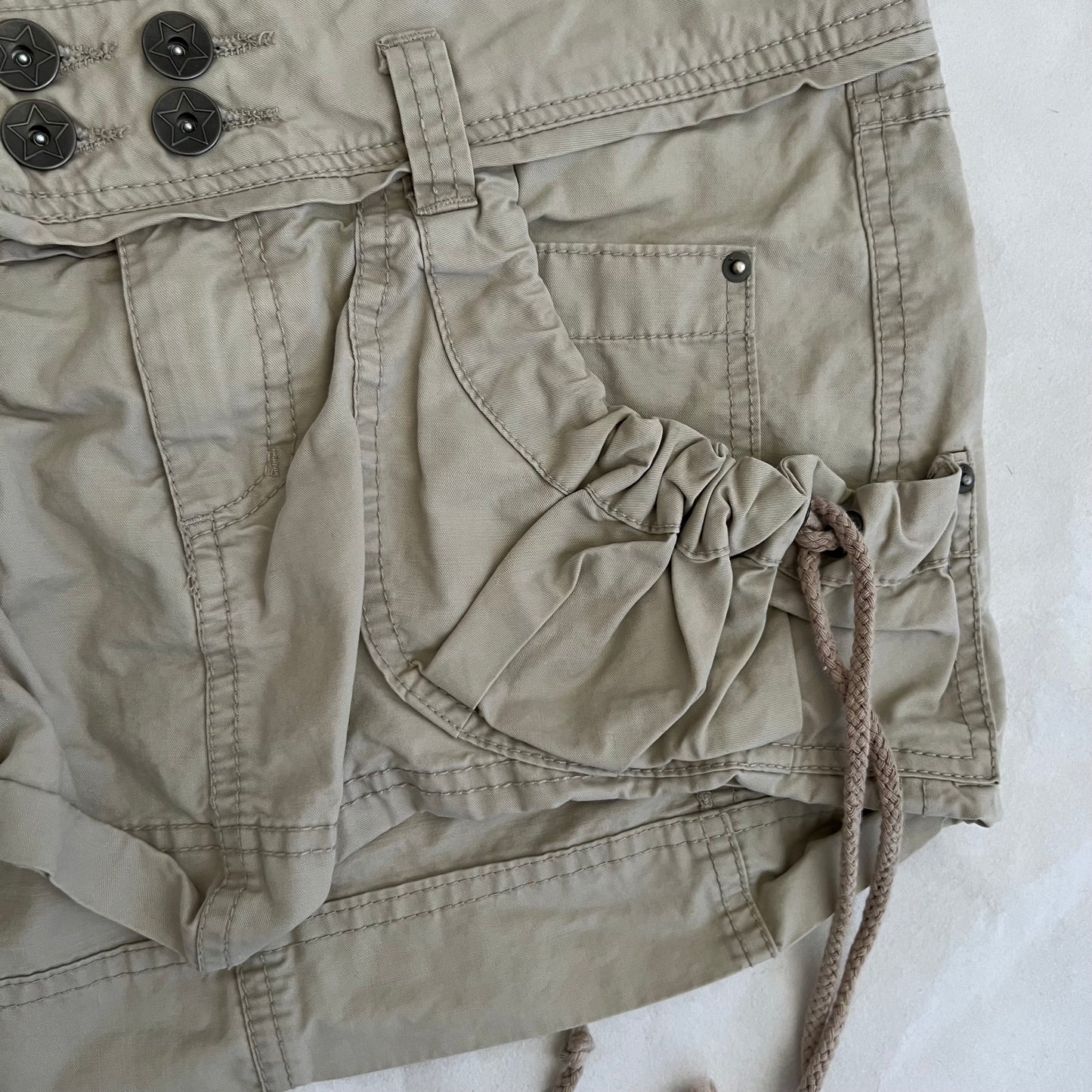 Alcott Beige Utility Ruched Pocket Ribbon Mini Cargo Skirt