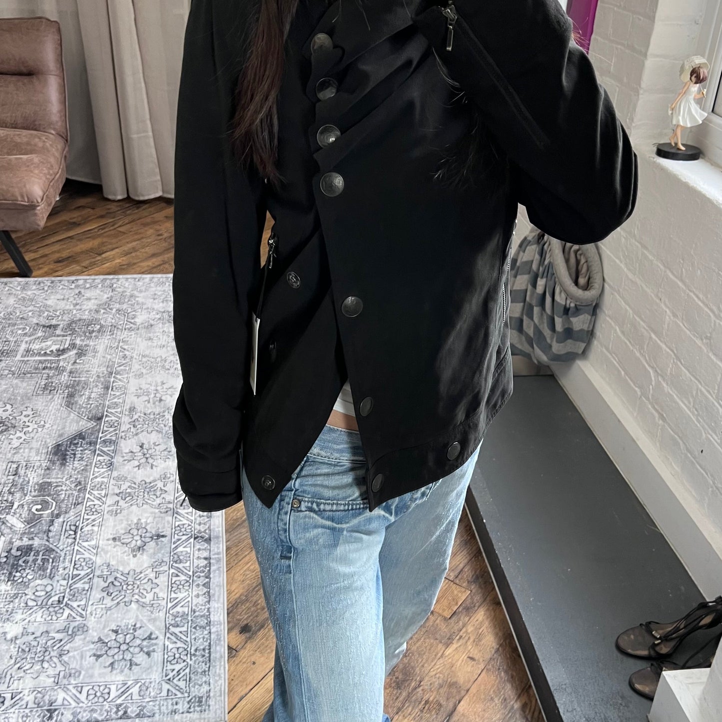 cop copine asymmetric black ruched button corpcore utility draped collar jacket