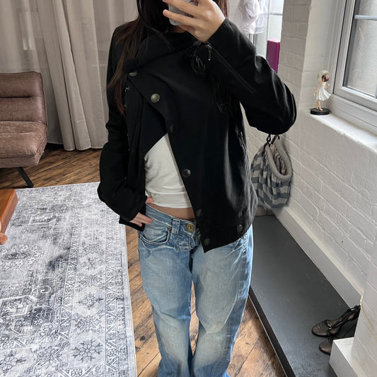 cop copine asymmetric black ruched button corpcore utility draped collar jacket