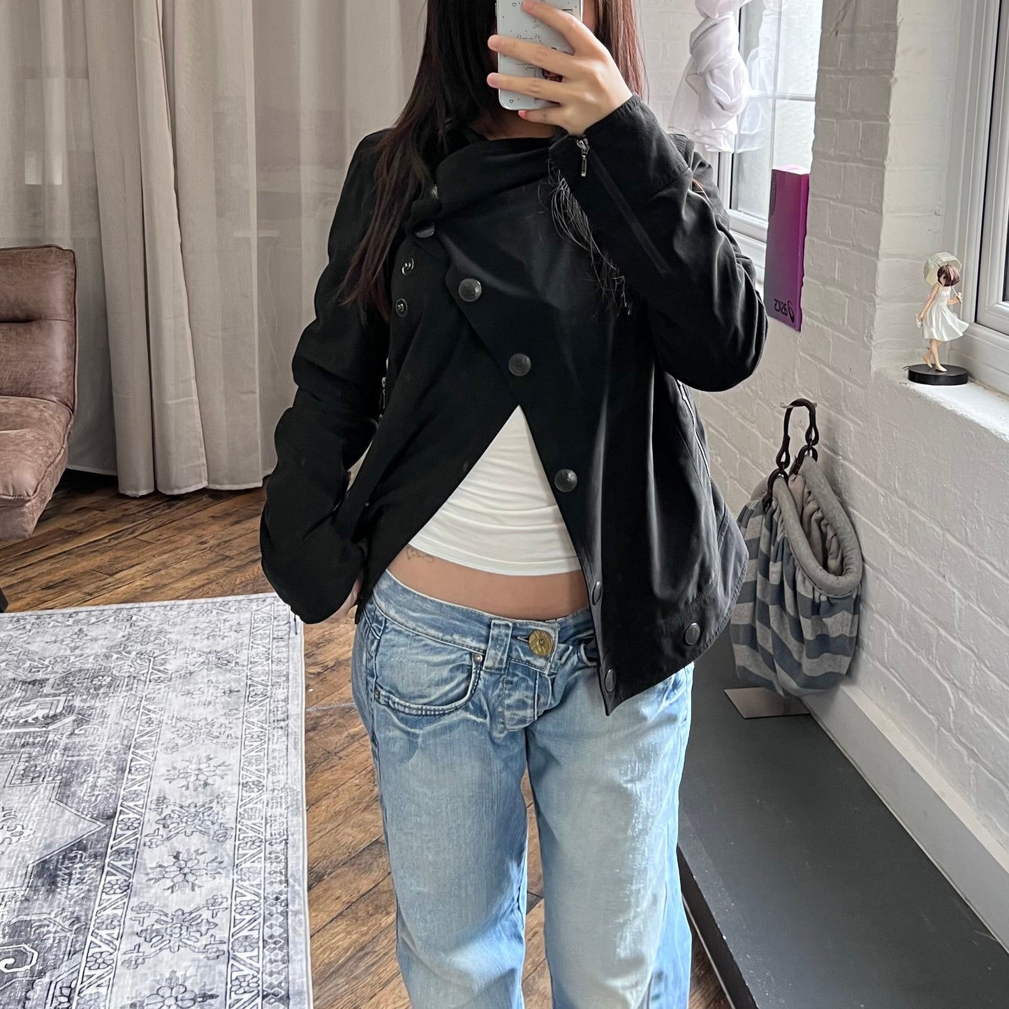 cop copine asymmetric black ruched button corpcore utility draped collar jacket