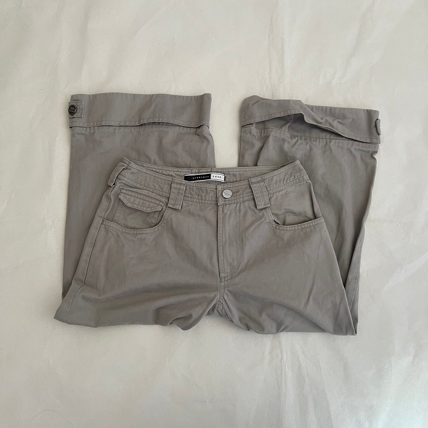 Sportmax Utility Greige Taupe High Rise Buckle Accent Wide Leg Cotton Trousers