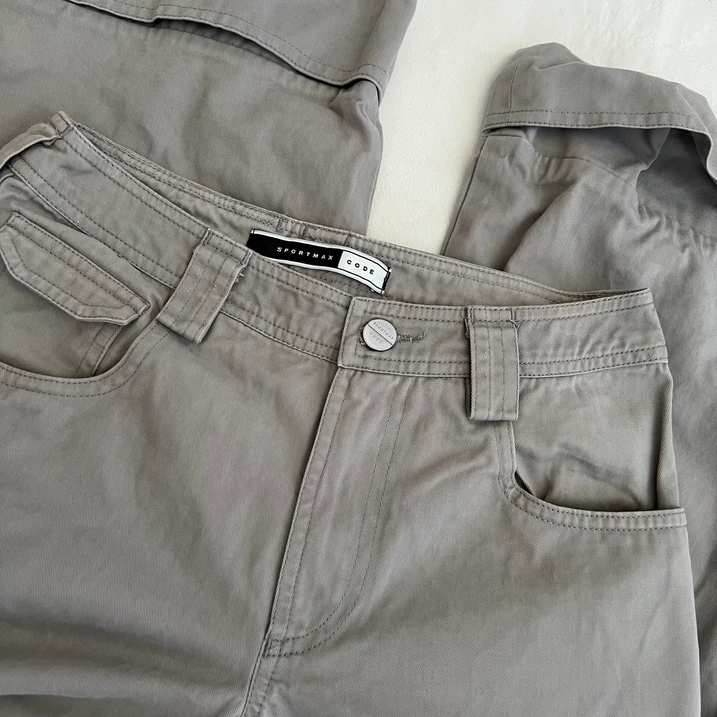 Sportmax Utility Greige Taupe High Rise Buckle Accent Wide Leg Cotton Trousers