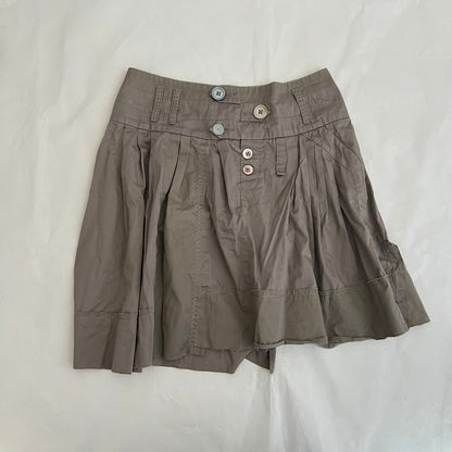 One Step Brown Flared Embroidery Patch Drop Waist Button Accent Midi Skirt