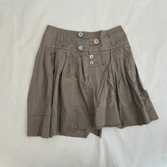 One Step Brown Flared Embroidery Patch Drop Waist Button Accent Midi Skirt