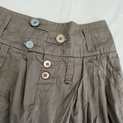 One Step Brown Flared Embroidery Patch Drop Waist Button Accent Midi Skirt
