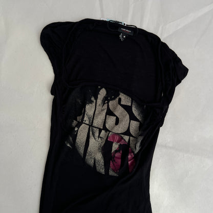 Black Miss Sixty Cap Sleeve Draped Pink Grunge Graphic Shirt