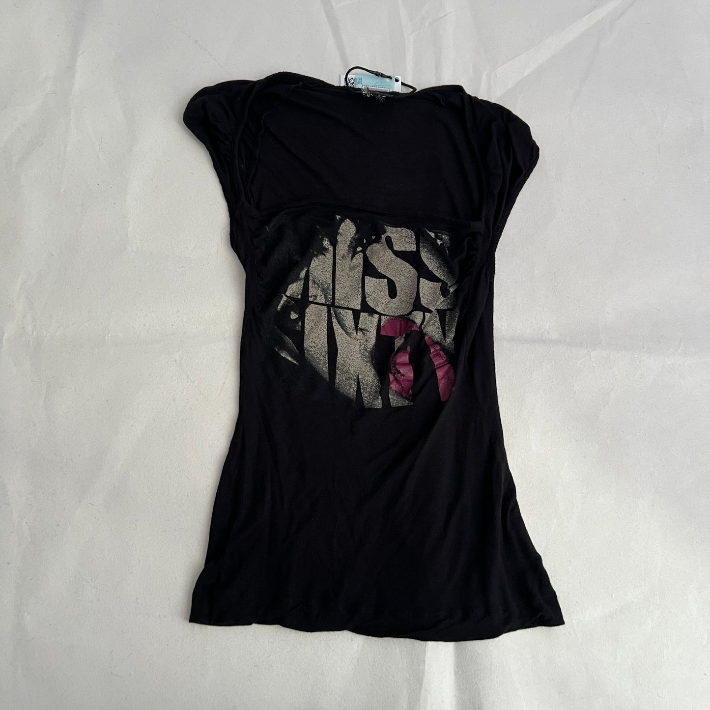 Black Miss Sixty Cap Sleeve Draped Pink Grunge Graphic Shirt