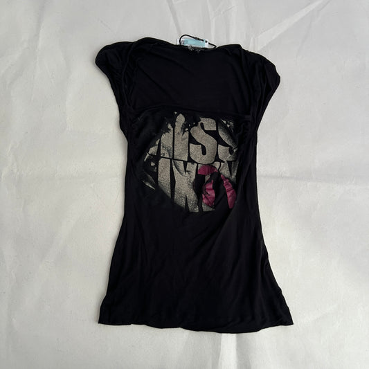 Black Miss Sixty Cap Sleeve Draped Pink Grunge Graphic Shirt