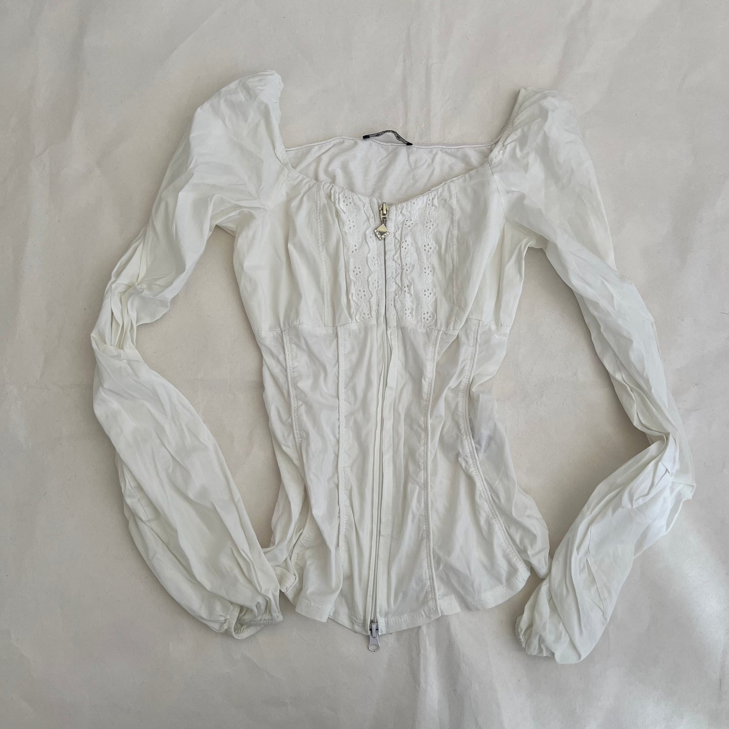 Siste's White Long Sleeve Ruffle Lace Blouse Top