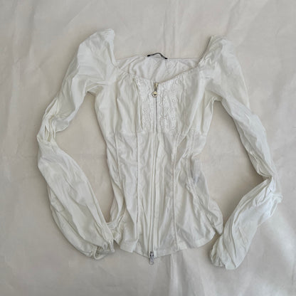 Siste's White Long Sleeve Ruffle Lace Blouse Top