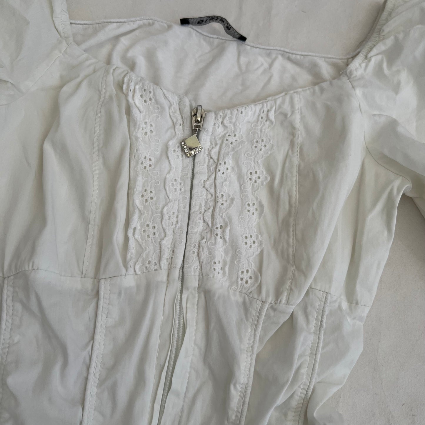 Siste's White Long Sleeve Ruffle Lace Blouse Top