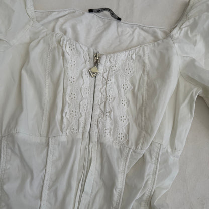 Siste's White Long Sleeve Ruffle Lace Blouse Top