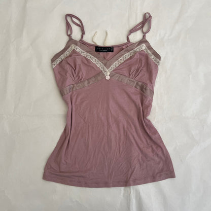 Romantic Twin Set Muted Pink Silk Trim Rosette Bud Lacey Trim Camisole