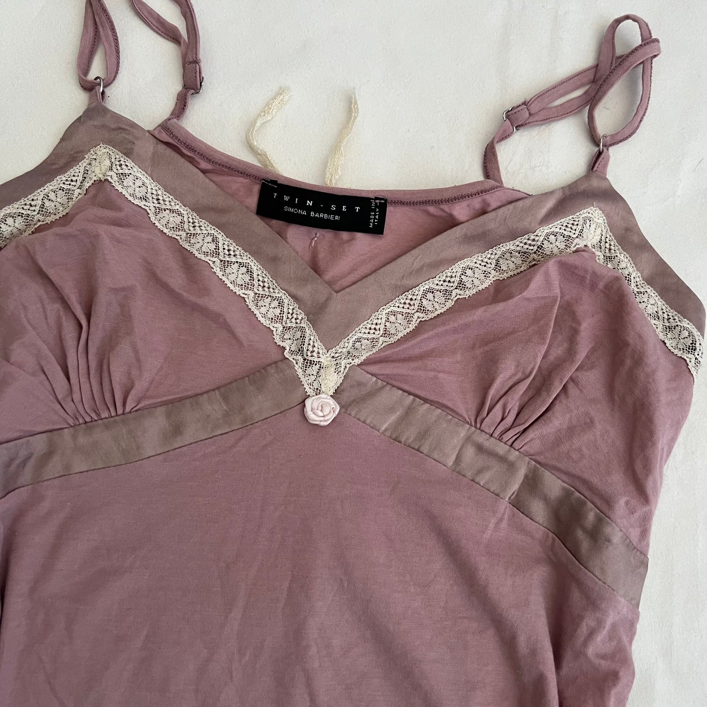 Romantic Twin Set Muted Pink Silk Trim Rosette Bud Lacey Trim Camisole