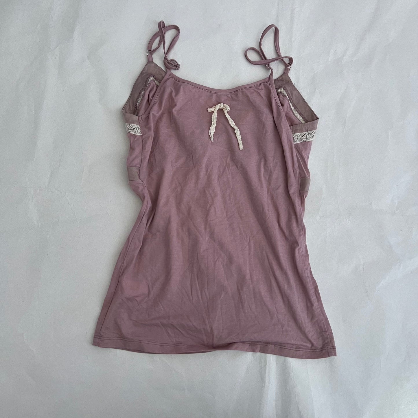 Romantic Twin Set Muted Pink Silk Trim Rosette Bud Lacey Trim Camisole