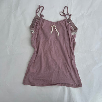 Romantic Twin Set Muted Pink Silk Trim Rosette Bud Lacey Trim Camisole