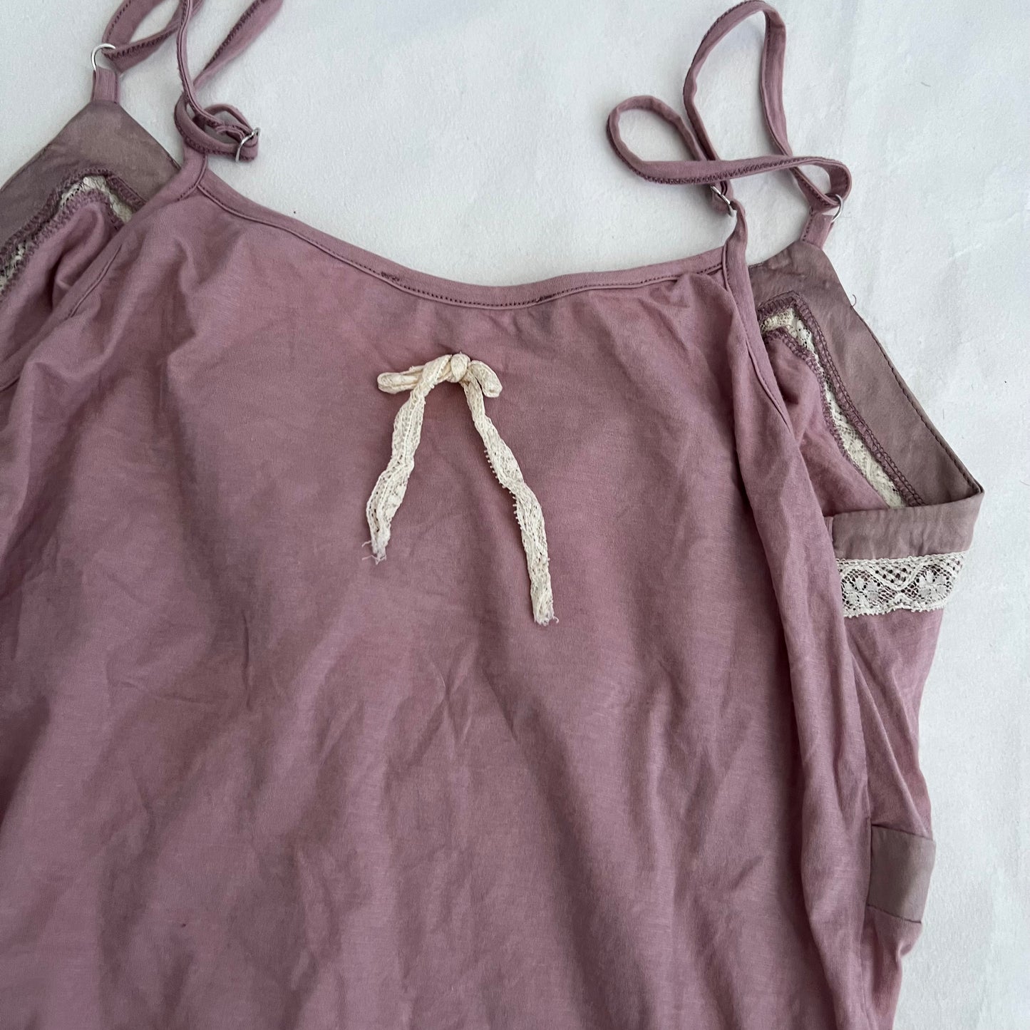 Romantic Twin Set Muted Pink Silk Trim Rosette Bud Lacey Trim Camisole