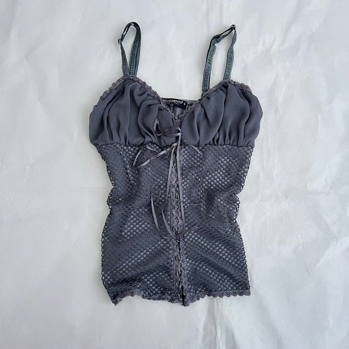 Rinascimento Dark Grey Purple Ruched Bust Fishnet Lace Up Camisole
