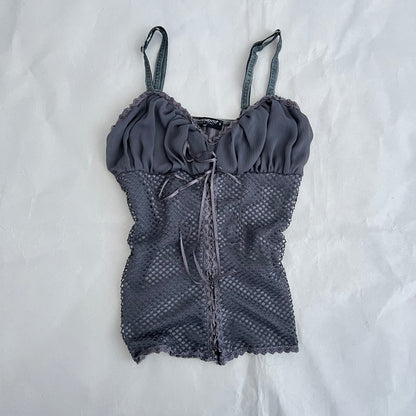 Rinascimento Dark Grey Purple Ruched Bust Fishnet Lace Up Camisole