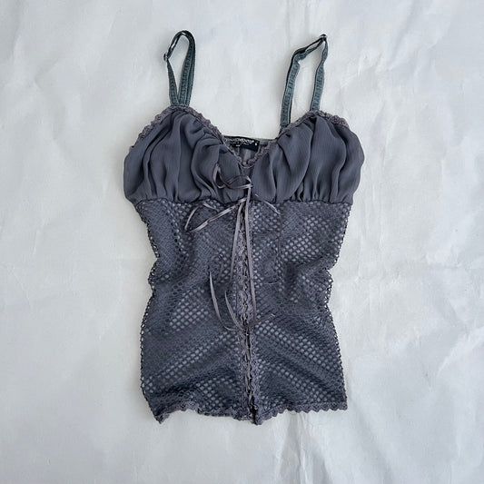 Rinascimento Dark Grey Purple Ruched Bust Fishnet Lace Up Camisole