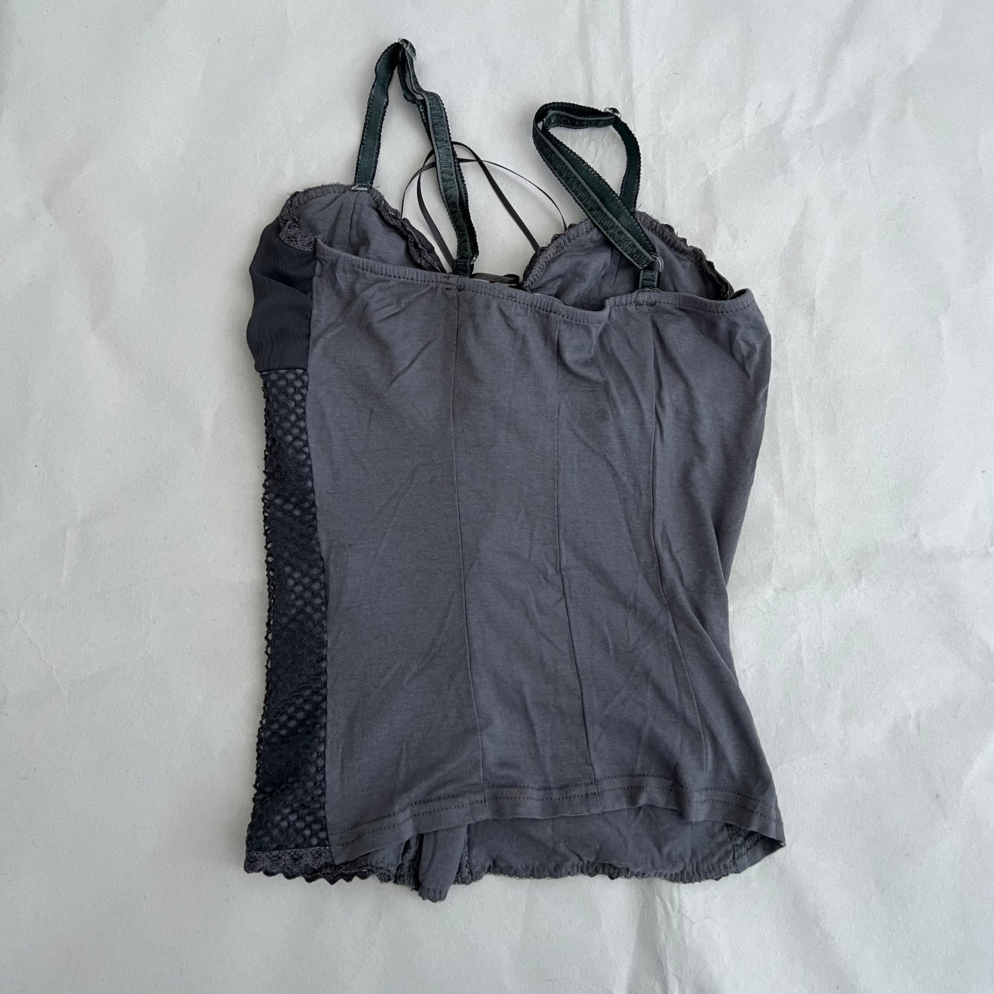 Rinascimento Dark Grey Purple Ruched Bust Fishnet Lace Up Camisole