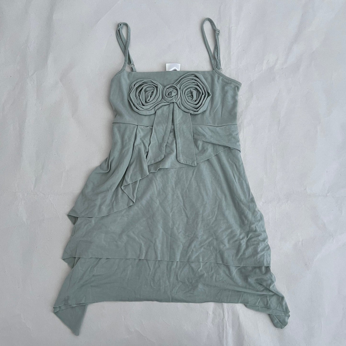 Muted Turquoise Blue Rosette Bow Tiered Ruffle Twinset Camisole