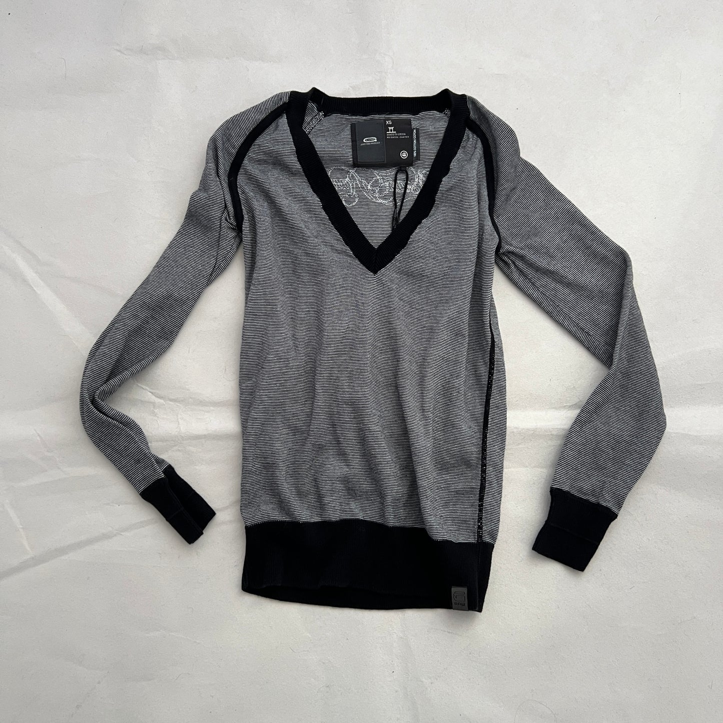 Black White G-star Raw Striped V Neck Contrast Hem Sweater