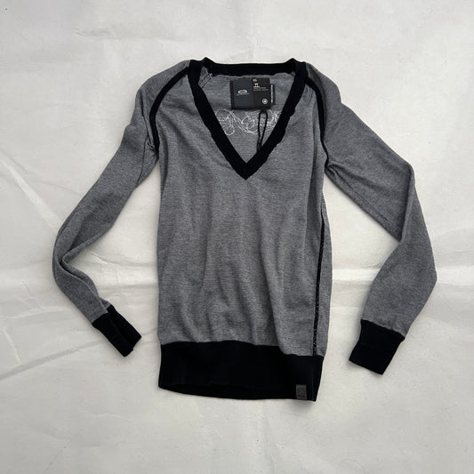 Black White G-star Raw Striped V Neck Contrast Hem Sweater