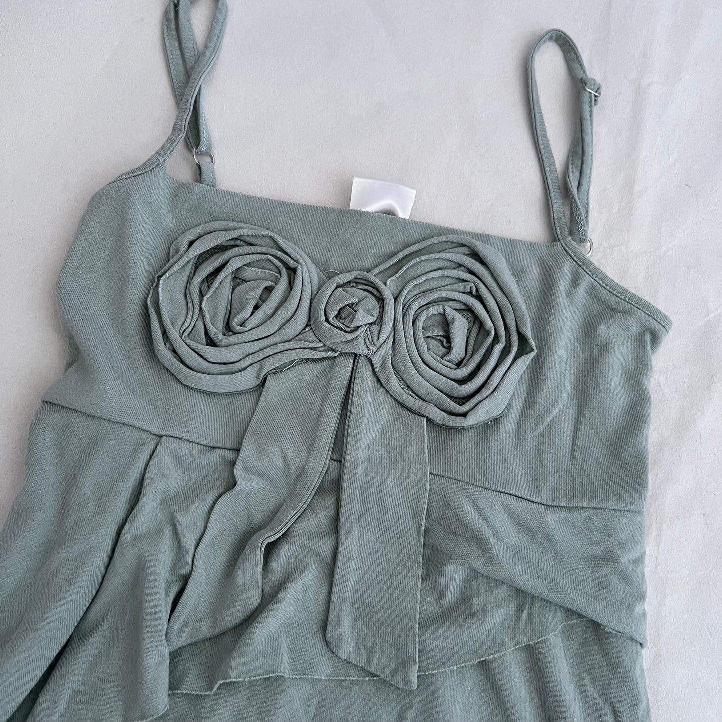 Muted Turquoise Blue Rosette Bow Tiered Ruffle Twinset Camisole