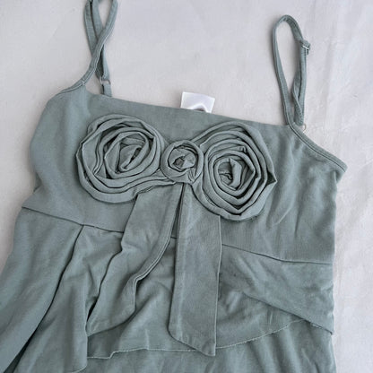Muted Turquoise Blue Rosette Bow Tiered Ruffle Twinset Camisole