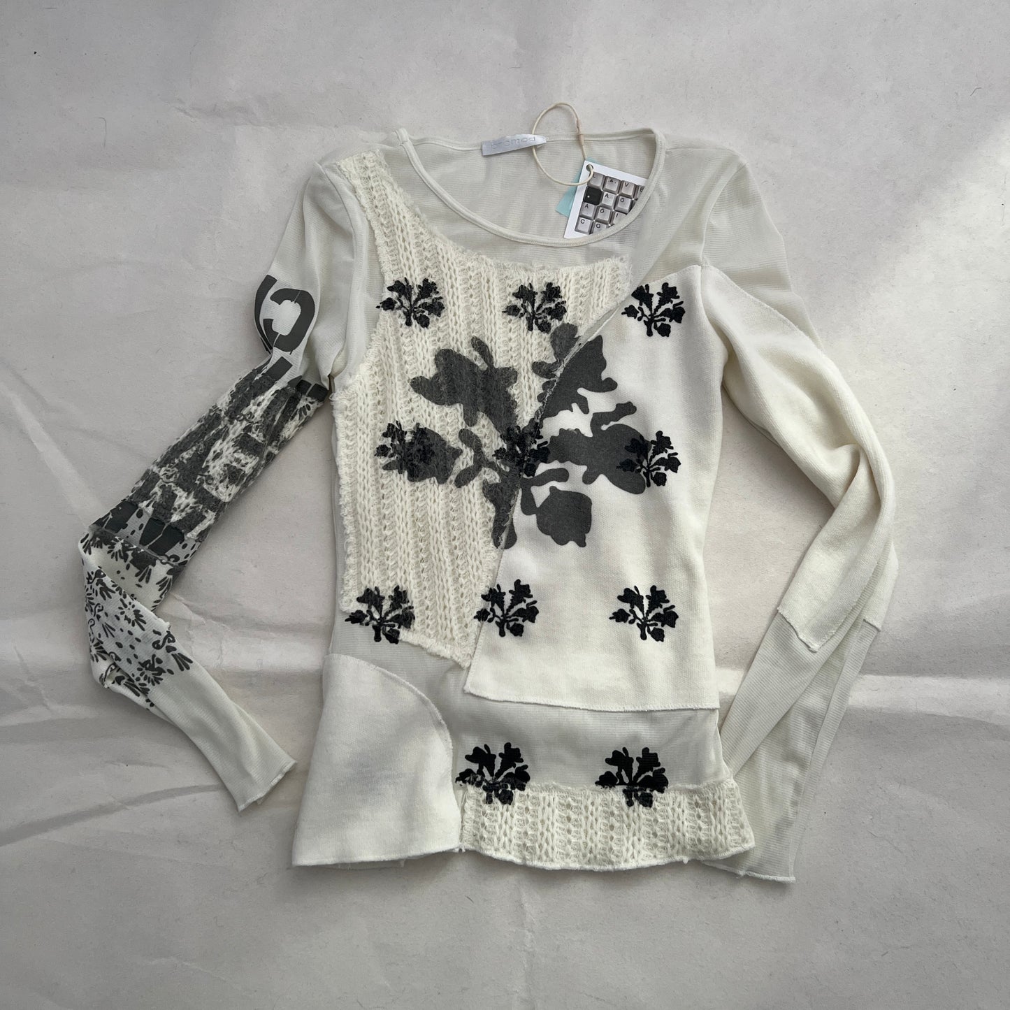 White Cream Promod Grey Graphic Long Sleeve Mix Material Mesh Knit Top