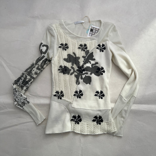 White Cream Promod Grey Graphic Long Sleeve Mix Material Mesh Knit Top