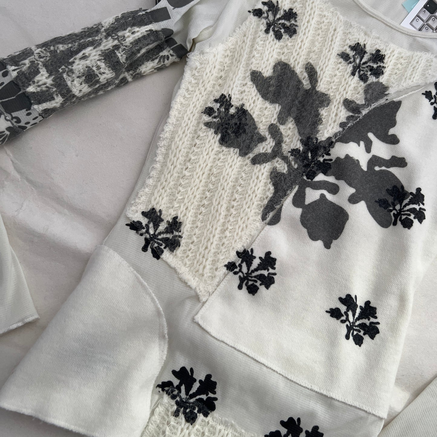 White Cream Promod Grey Graphic Long Sleeve Mix Material Mesh Knit Top