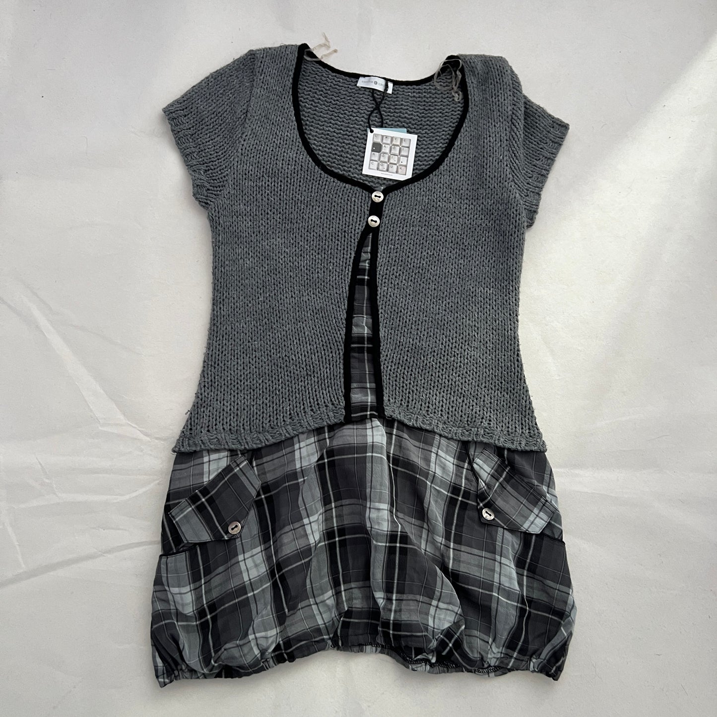 Cache Cache Grey Knit Puff Checkered Hem Tunic Dress