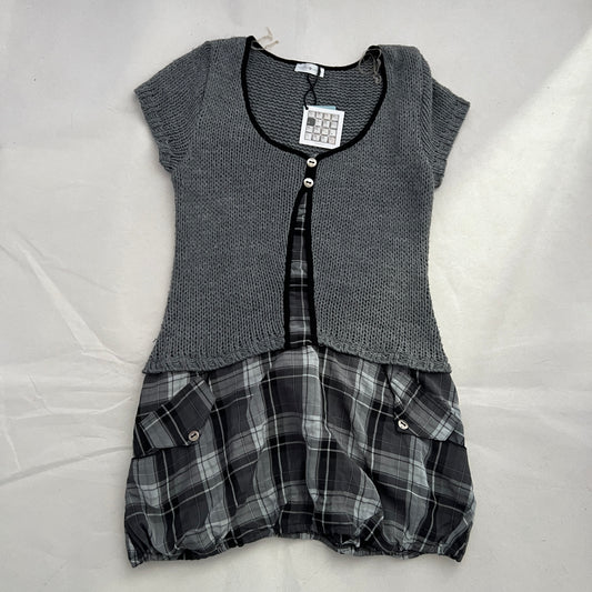Cache Cache Grey Knit Puff Checkered Hem Tunic Dress