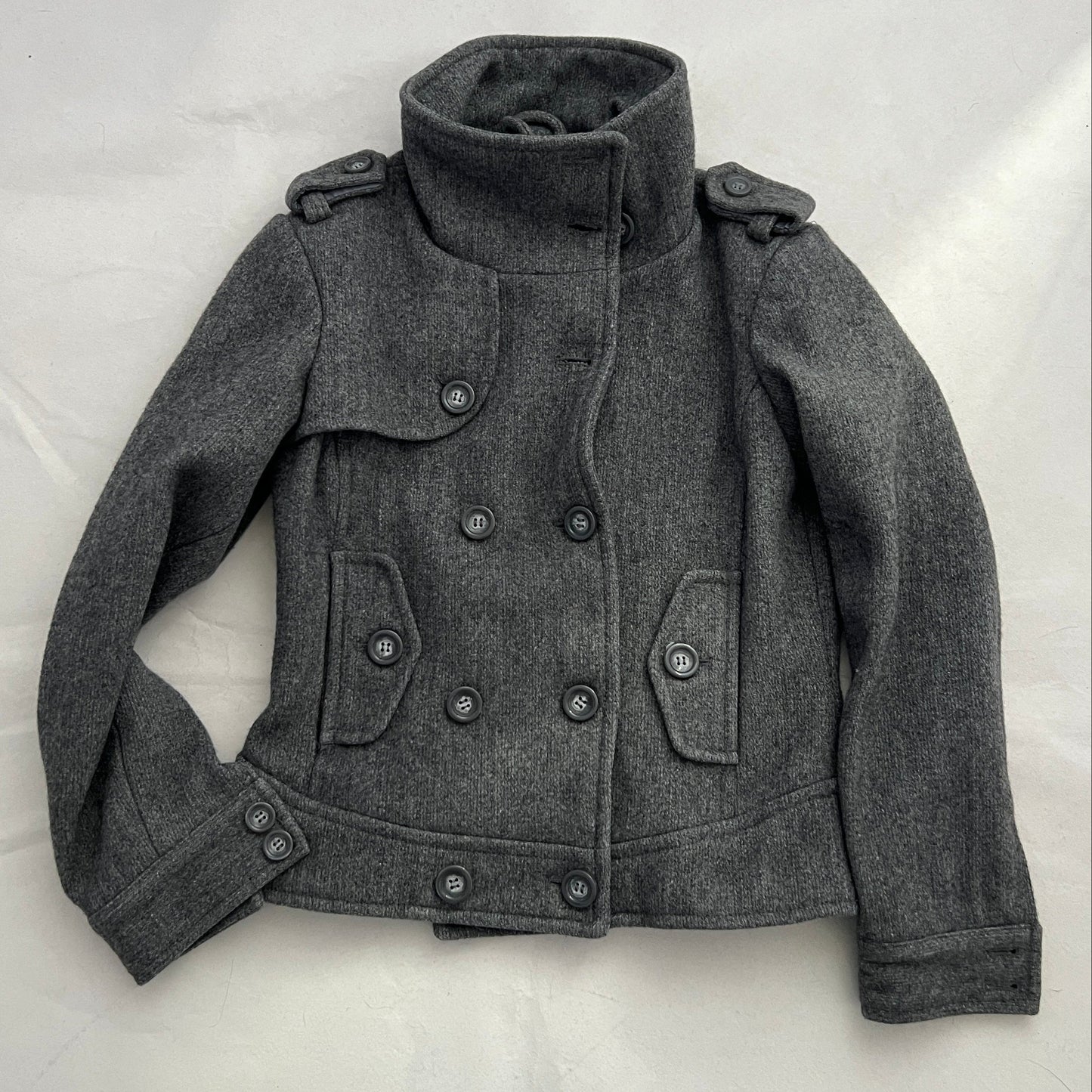 Vintage Speccio Grey Double Breasted Funnel Neck Button Accent Pea Coat