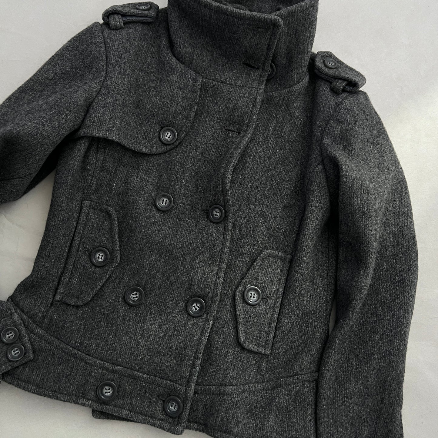 Vintage Speccio Grey Double Breasted Funnel Neck Button Accent Pea Coat