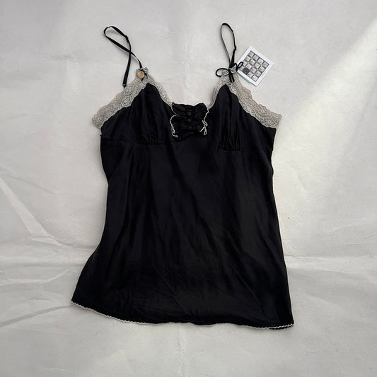 Vintage Romantic Guess Black Silk Frill Bow Lace Trim Camisole