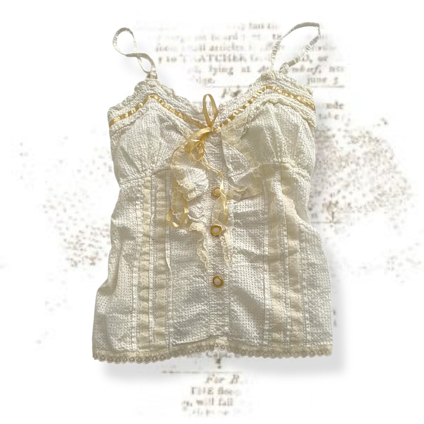 ladies* cream white camisole with ruffle and gold/cream satin ribbon detail
