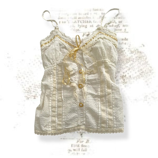 ladies* cream white camisole with ruffle and gold/cream satin ribbon detail
