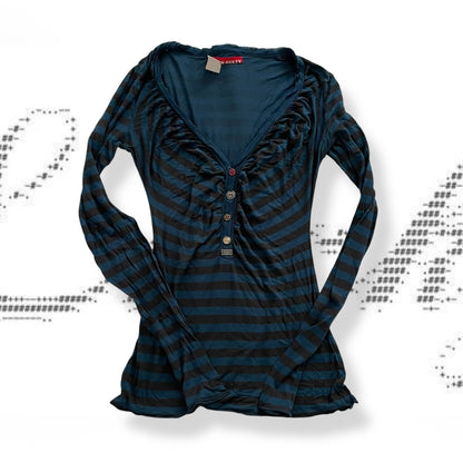 miss sixty grunge sleaze striped teal black v neck ruched mix button fitted long sleeve top