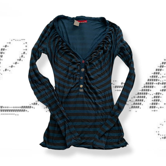 miss sixty grunge sleaze striped teal black v neck ruched mix button fitted long sleeve top