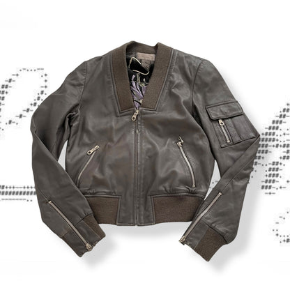 double standard taupe brown grey leather blouson ribbed hem biker jacket