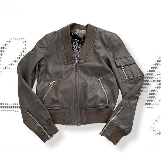 double standard taupe brown grey leather blouson ribbed hem biker jacket