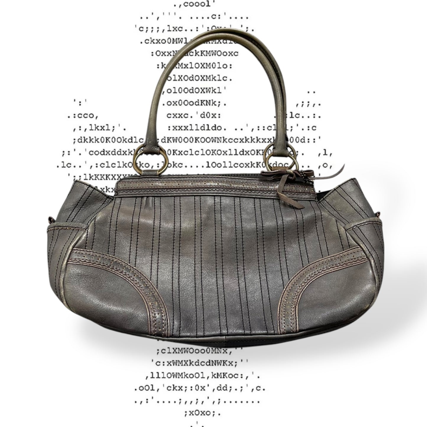 anna sui faded denim grey panelled shoulder bag with ribbon bow detail + brass hardware and butterfly charm