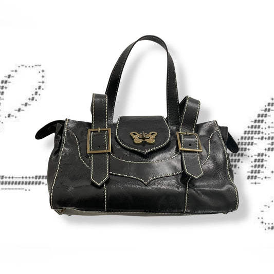 vintage anna sui black leather brassy hardware butterfly lock shoulder bag